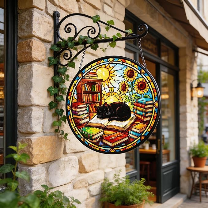 LITIVY Black Cat Suncatcher Stained Glass, Book Lovers Present, 8 Inch Handmade Colorful Library Theme Window Hanging Decor for Reading Nook, Sun Catcher Home Decor