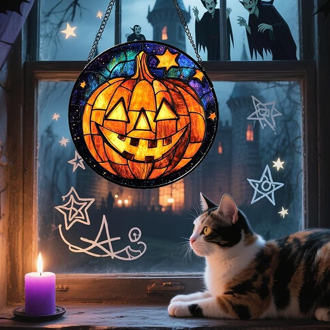 Stained Glass Window Hanging Halloween Horror Golden Pumpkin 11.8" - Suncatcher Door Garden Sunroom Gothic Style Sun Catcher Birthday for Friend Mom Men Woman Nana