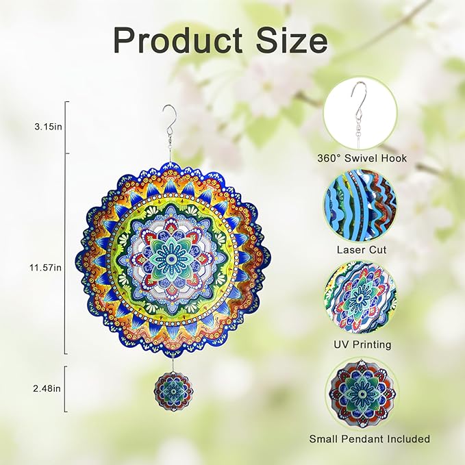 2 Pack Wind Spinners Outdoor Hanging Stainless Steel Multi Color 12 Inch Yard Art Decoration 3D Wind Spinners Mandala for Garden Porch