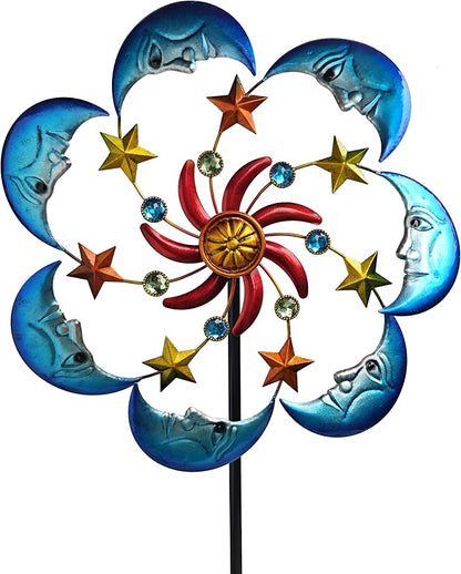 Moon Sun 58-Inch Metal Wind Spinner with Stake for Garden, Yard, Lawn and Patio Decor