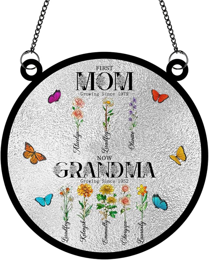 Personalized First Mom Now Grandma Stained Glass Suncatchers, Custom Name Birth Month Flowers Window Hanging Ornament, Mothers Day Grandmas Garden Gifts for Grandma Mom (Round 4)