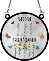 Personalized First Mom Now Grandma Stained Glass Suncatchers, Custom Name Birth Month Flowers Window Hanging Ornament, Mothers Day Grandmas Garden Gifts for Grandma Mom (Round 4)