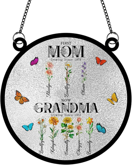 Personalized First Mom Now Grandma Stained Glass Suncatchers, Custom Name Birth Month Flowers Window Hanging Ornament, Mothers Day Grandmas Garden Gifts for Grandma Mom (Round 4)