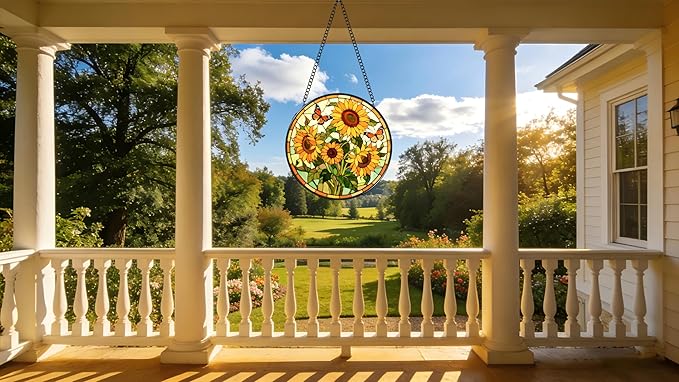 Funoasis Stained Glass Window Hanging 6.3 Inches Suncatcher - Two Butterflies are Flying On The Sunflower Ornaments Sun Catcher Home Decor Women Birthday