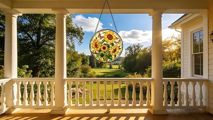 Funoasis Stained Glass Window Hanging 6.3 Inches Suncatcher - Two Butterflies are Flying On The Sunflower Ornaments Sun Catcher Home Decor Women Birthday
