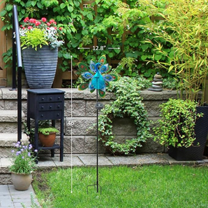 Peacock Wind Spinner Garden Decor, Solar Lighted Pathway Stake Yard Art Spinners, Wind Sculptures Garden Landscape Lights Decorations, Solar Powered Path Lights Kinetic Metal Wind Catcher for Outside