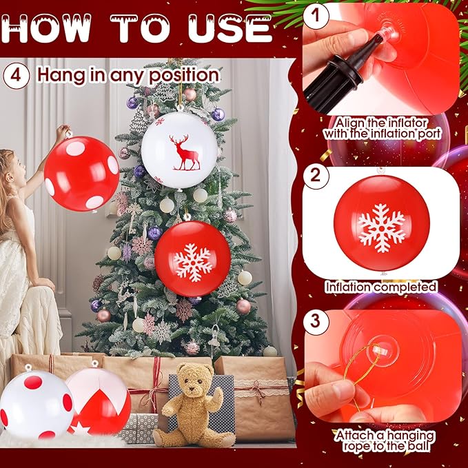 Leyndo 18 Pcs 9 Inch Inflatable Christmas Balls PVC Outdoor Christmas Decorations Xmas Hanging Ball Ornaments for Indoor Outdoor Yard Tree Home Patio Party Festive
