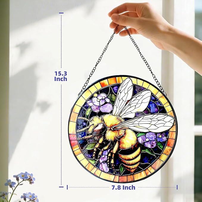 Handcrafted Bee Stained Glass Suncatcher - 7.8 Inch Window Hanging for Home, Kitchen, Porch, Terrace, Garden & Farmhouse - Perfect Mother's Day, Easter & Birthday Gift for Mom & Teachers