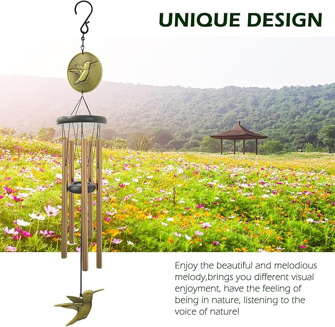 Hummingbird Wind Chimes for Outside,32 "Memorial Outdoor Wind Chime Create a Zen Atmospherer,Hummingbird Gift for Women Mother Father Christmas,Home Garden Patio Yard Decor(Bronze)