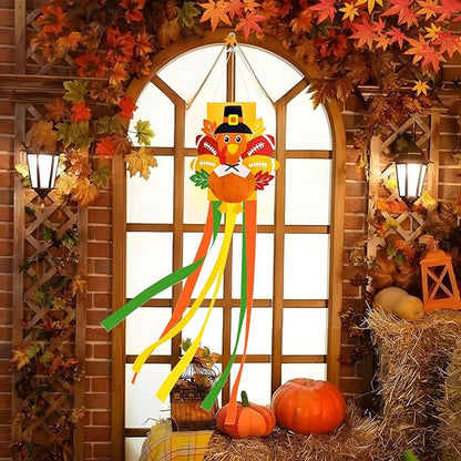 40 Inches Thanksgiving Turkey Windsock Decoration, Fall-Themed Hanging Outdoor Wind Sock Ornament with Football & Maple Leaf and Streamers for Porch, Yard, Garden, Autumn Harvest Decor