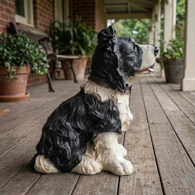 Elenon Dog Garden Statue Decorative for Yard, Black & White Border Collie Figurines Home Lawn Decor, Patio Kitten Tuxedo Statues Pets Memorial Ornament for Dog Lovers