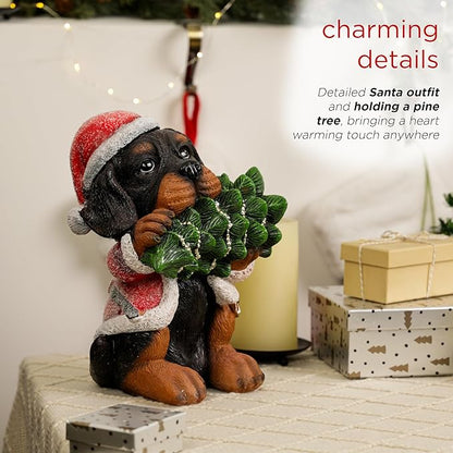 Alpine Corporation 12" Tall Puppy Christmas Statue with Santa Coat and Pine Tree, Weather-Resistant Resin Figurine, Indoor/Outdoor Holiday Decoration for Porch or Entryway