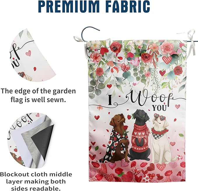 Dog Valentine House Flag 28 x 40 Double Sided Valentines Day Outdoor Decorations White Black Lab Garden Signs Chocolate Labrador Love Heart Yard Banner for Outside