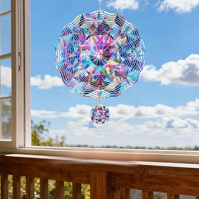Metal Wind Spinners Outdoor - Diamond Stainless Steel Hanging Decor Indoor Outside Art Sculptures 3D Kinetic Spinning Ornaments for Garden Patio Porch Birthday for Women Mom