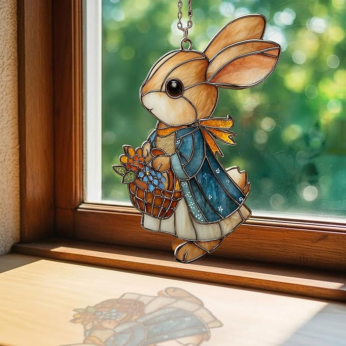 Whimsical Rabbit Floral Mosaic Decor Acrylic Suncatcher Stained Glass Effect Window Car Hanging Christmas Ornament Indoor Outdoor Decor Garden Sun Catcher Panel for Easter Lover for Women Mom Grandma