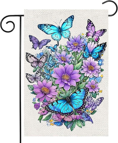Spring Summer Garden Flag 12x18 Inch Vertical Double Sided, Butterfly Floral Flower Yard Flags for Outside Decor, Holiday Outdoor Seasonal Decorations for Home