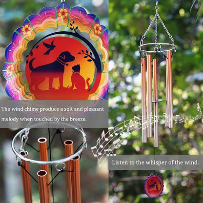 Wind Chimes with Dog Cat Pet 3D Display Wind Spinner for Outside Garden Patio Yard Decor, Metal Decorative Windchimes Outdoor Hanging Gift for Mom Women Grandma Wife, for Christmas, Birthday