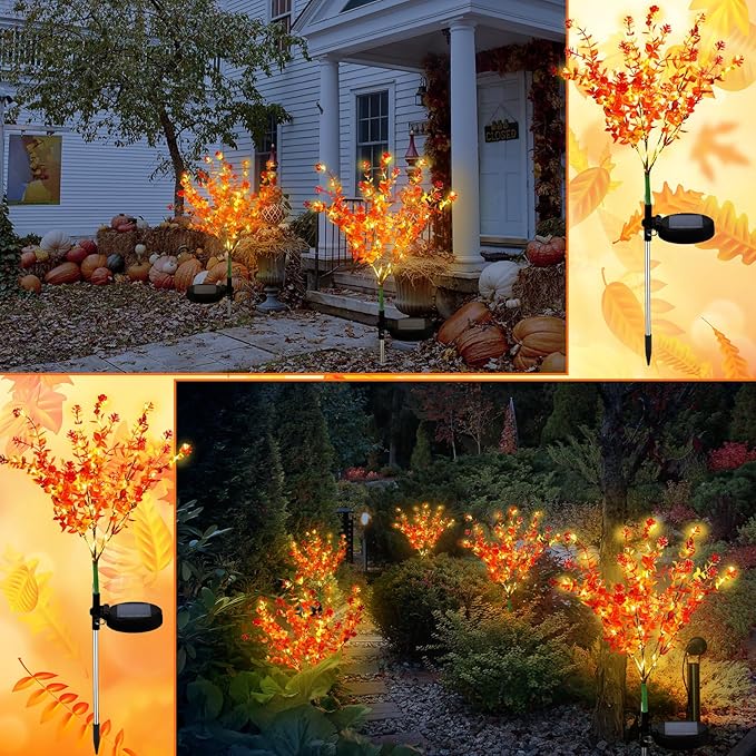 Glooglitter 2 Pack Solar Stake Lights Outdoor Decor Waterproof Mums Artificial Flowers Solar Lights for Outdoor Garden Yard Pathway Decor (Orange,Camellia)