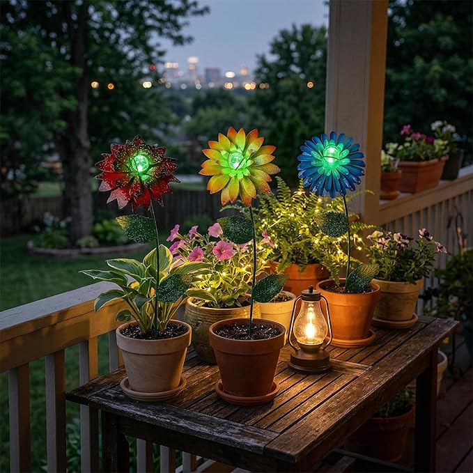 Metal Flower Decorative Garden Stakes Glow in Dark Pick Water Proof Metal Flowers Stick for Lawn Yard Patio,3 PCS
