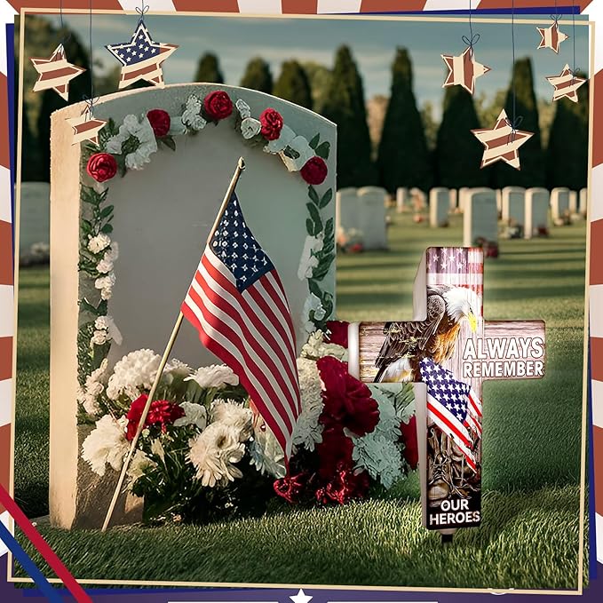 DoubleFill Memorial Day Patriotic Garden Stake Solar Lighted 4th of July Independence Veterans Day Solar Outdoor Yard Decorations Light up Night Cross Stake Decor for 4th of July Outside Patio Yard