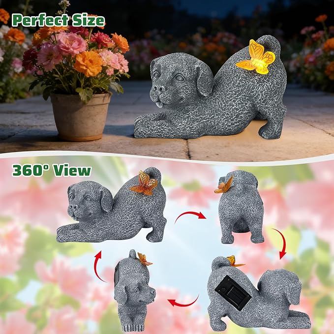 Solar Dog with Butterfly Light Statue, Outdoor Resin Puppy Garden Decor, Solar Powered Dog Figurine for Yard Patio Lawn, Waterproof Memorial Gift for Pet Lovers