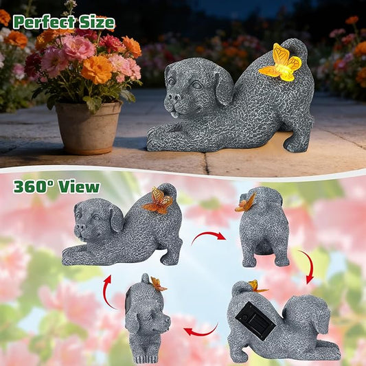 Solar Dog with Butterfly Light Statue, Outdoor Resin Puppy Garden Decor, Solar Powered Dog Figurine for Yard Patio Lawn, Waterproof Memorial Gift for Pet Lovers