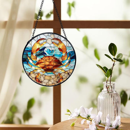 Crab Decor, Beach Coastal Crab Suncatchers Stained Glass Window Hanging, Coastal Ocean Sun Catchers Indoor Window Glass Round Wall Decor, Beachy Wall Hanging Decorations, 7.9x7.9in
