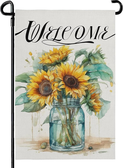 Summer Sunflower Garden Flag 12x18 Inch Double Sided Welcome Flower Vase Vertical Seasonal Yard Flags for Outdoor Yard Lawn Home Decoration
