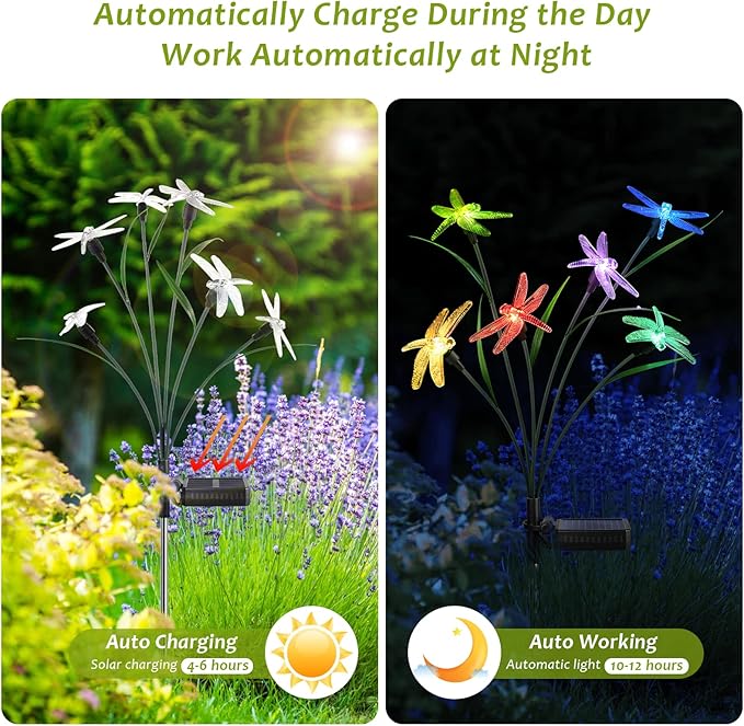 2PCS Outdoor Solar Lights, Waterproof Solar Lights Outdoor Pathway, Solar-Powered Garden Swing Dragonfly Decorative Lights for Yard Balcony Flower Bed, Gardening Plant Lovers