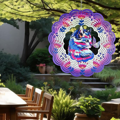 Wind Spinner Mandala 12 inch 3D Stainless Steel Laser Cut Metal Art Geometric Pattern Hanging Wind Spinner (Purple Cat)