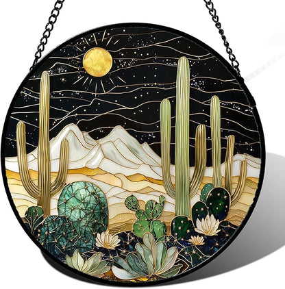 DASTOLL Stained Glass Window Hanging, Black and White Golden Cactus Nature Suncatcher for Doors Window Home Starry Sky Sun Catchers Decor Mother's Day Birthday Gifts for Women, Men Mom 6.3 in