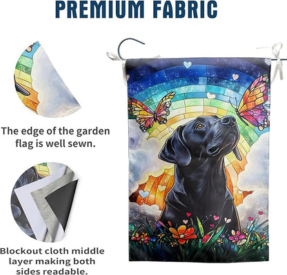 Stained Glass Black Lab Garden Flag for Outside 12x18 Double Sided Small Rainbow Bridge Labrador Dog Memorial Yard Banners Bereavement Pet Sympathy Gift