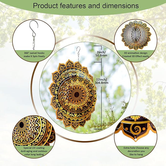Aoedelyart Wind Spinner Mandala Rich Gold‌,12In Stainless Steel Wind Spinners Outdoor,Garden Gift for Women Mom Father Men Friend,Hanging Wind Sculptures & Spinners Kinetic Yard Art Decorations