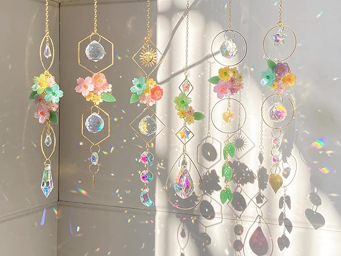 6 Pieces Flowers Ball Crystals Suncatcher Hanging Sun Catchers with Chain Pendant Ornament Crystal Prisms Rainbow for Window Decoration Gift (Gold)