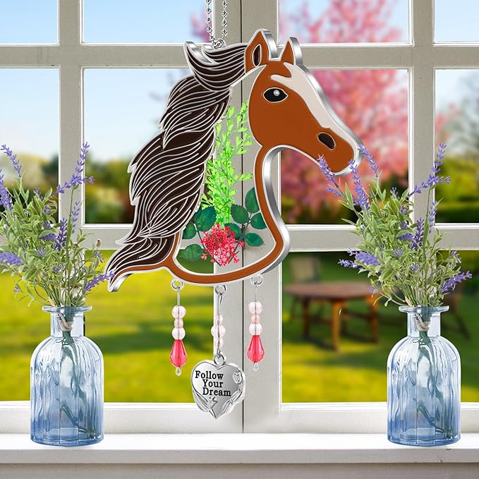 KY&BOSAM Horse Head Suncatcher Glass Hand-Painted Follow Your Dream Suncatchers Ornament hangings Wind Chime with Pressed Flower Horse Embedded in Glass Window Mother`s Day Birthdays…
