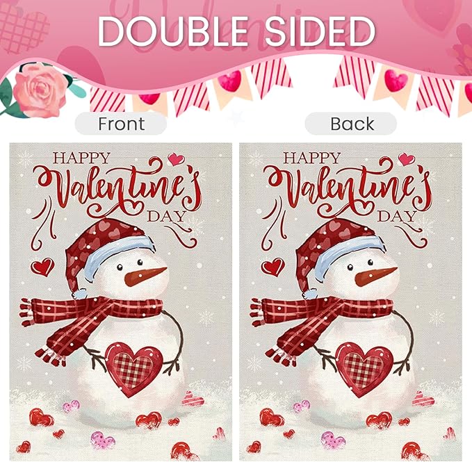 Happy Valentine’s Day Garden Flags 12x18 Inch Double Sided, Watercolor Snowman Small Seasonal Decoration for Holiday Anniversary Wedding Yard Outside Outdoor