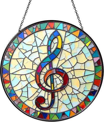 Musical Stained Glass Window Hanging Music Design Sun Catcher Musician Decor Music Teacher Gifts for Women Christmas Suncatchers for Home Windows Hanging Decoration, 7.87inch