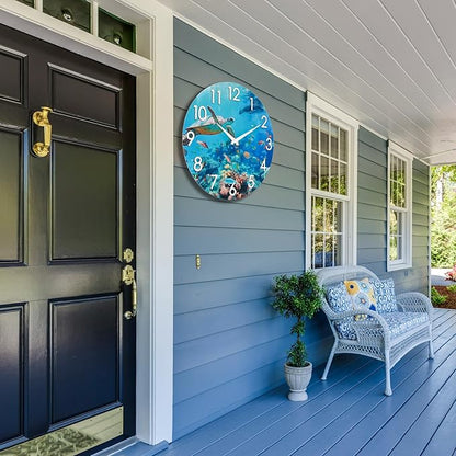 Crosstime 14 Inch Outdoor Clock Waterproof - Sea Turtle Underwater Blue Ocean Coastal Decor Outdoor Wall Clocks Battery Operated Silent for Patio, Pool, Garden
