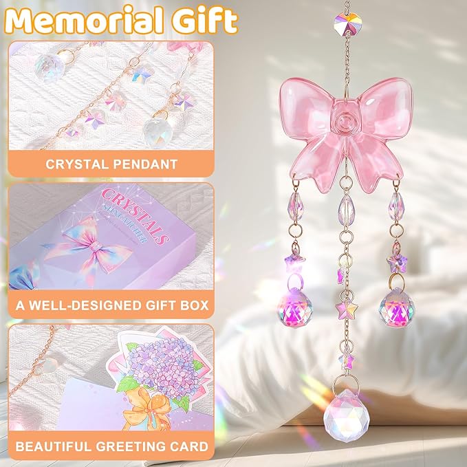 Crystal Suncatchers for Window Pink Bow Ornaments Hanging Clear Wind Chime with Chains for Garden Wedding Girls Mom Room Decor Xmas DIY Gift