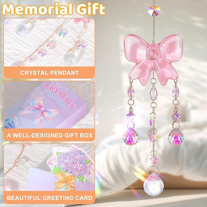 Crystal Suncatchers for Window Pink Bow Ornaments Hanging Clear Wind Chime with Chains for Garden Wedding Girls Mom Room Decor Xmas DIY Gift