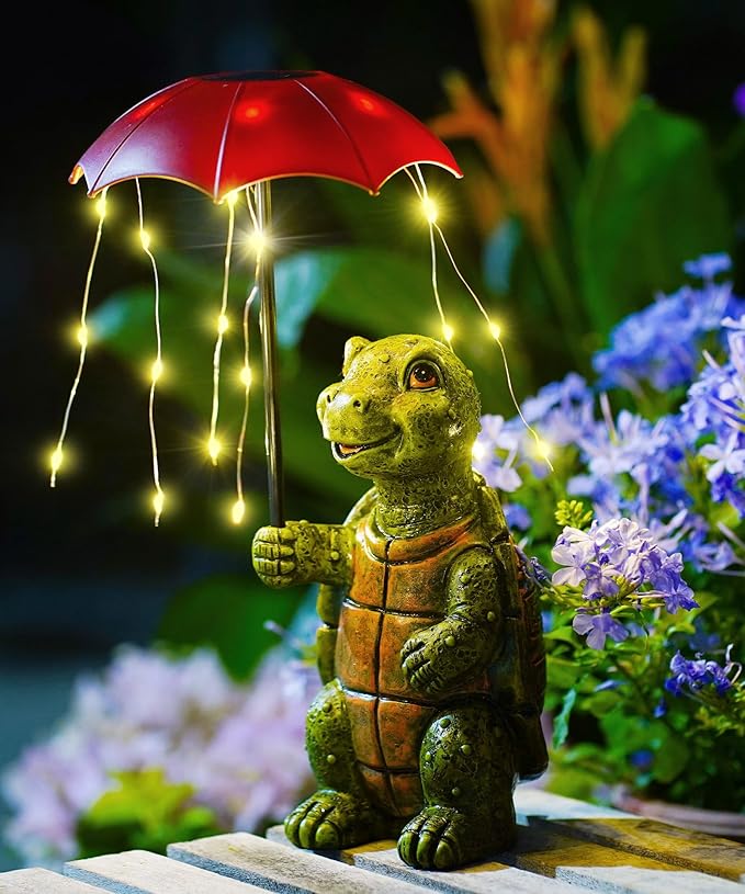 Nacome Solar Turtle Garden Decor Outdoor Statues: Holding Umbrella with String Lights Patio Yard Lawn Outside Decorations - Birthday Gifts for Mom Grandma Women Sister(Green)