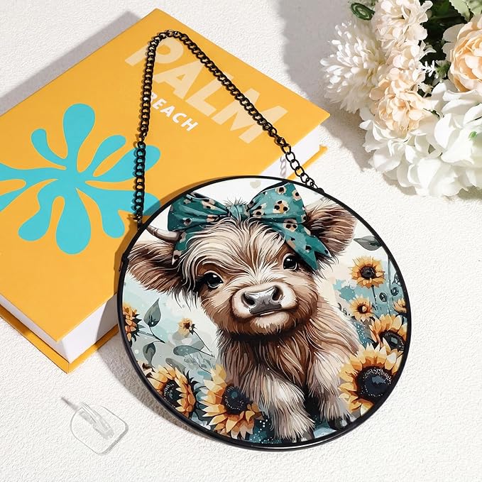 Mifoci 6.3 Inch Stained Glass Window Hanging Highland Cow Suncatchers Indoor Window Gifts for Highland Cow Lovers Room Office Decor Aesthetic