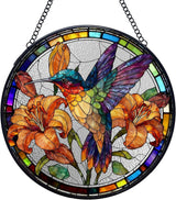Hummingbird Flower Stained Glass Window Hanging Suncatchers, Hummingbird Bird Sun Catchers Indoor Window Glass Wall Art Decor, Bird Floral Wall Hanging Decorations Sculptures, 7.9x7.9in