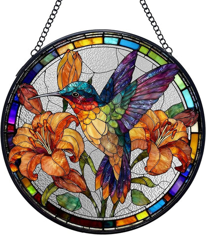 Hummingbird Flower Stained Glass Window Hanging Suncatchers, Hummingbird Bird Sun Catchers Indoor Window Glass Wall Art Decor, Bird Floral Wall Hanging Decorations Sculptures, 7.9x7.9in