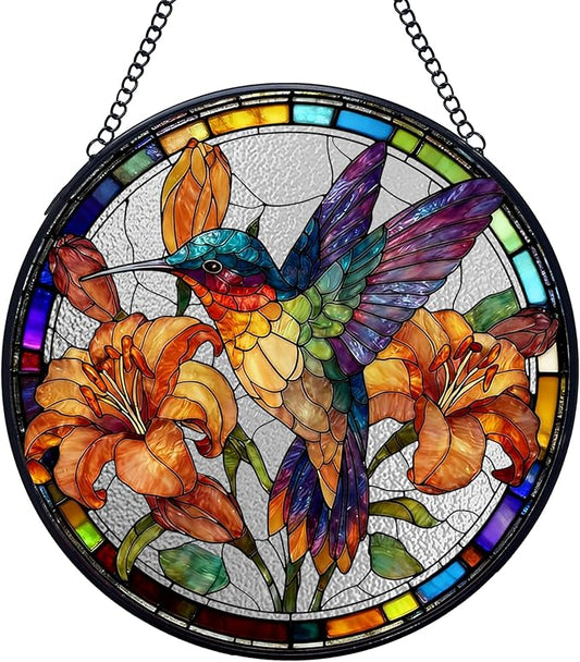 Hummingbird Flower Stained Glass Window Hanging Suncatchers, Hummingbird Bird Sun Catchers Indoor Window Glass Wall Art Decor, Bird Floral Wall Hanging Decorations Sculptures, 7.9x7.9in