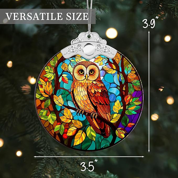 Faux Stained Glass Fall Suncatchers for Windows Hanging, Thanksgiving, Maple Leaf Suncatcher, 2D Acrylic Maple Leaves Fall Ornaments, Christmas Tree Decorations, Autumn Decor Party Supply (Autumn Owl)