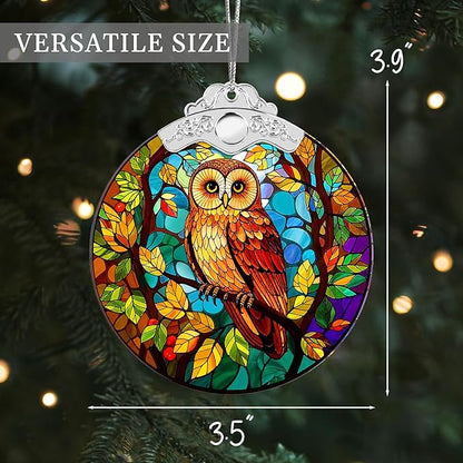 Faux Stained Glass Fall Suncatchers for Windows Hanging, Thanksgiving, Maple Leaf Suncatcher, 2D Acrylic Maple Leaves Fall Ornaments, Christmas Tree Decorations, Autumn Decor Party Supply (Autumn Owl)