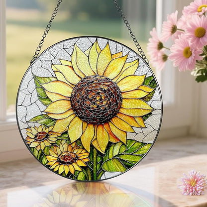 8-Inch Stained Glass Ornament, Stained Glass Window Hanging, Sunflower Ornament, Window Hanging Decor Suncatcher | Mother's Day, Christmas, Birthday, Gifts for Sunflower Plant Lovers