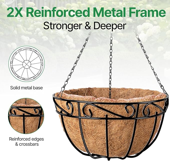 AMAGABELI GARDEN & HOME 4 Pack 15 Inch Metal Plant Hanging Baskets Planter Flower Pots Outdoor Indoor Wire Hanging Basket for Vegetable with Coco Fiber Liners for Garden Home Porch Decor
