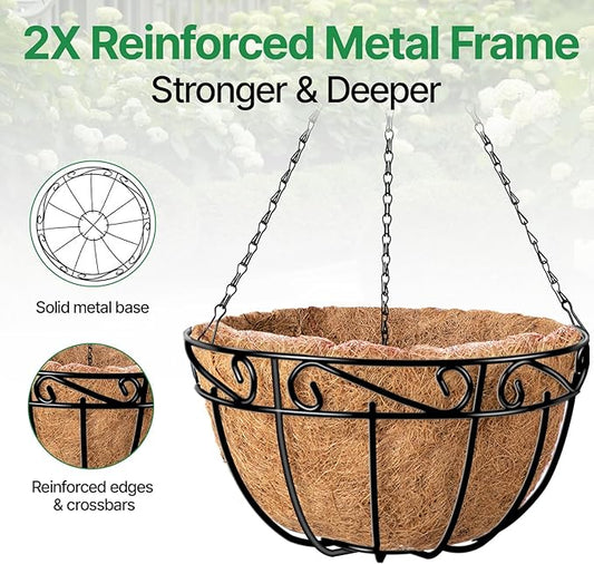 AMAGABELI GARDEN & HOME 4 Pack 15 Inch Metal Plant Hanging Baskets Planter Flower Pots Outdoor Indoor Wire Hanging Basket for Vegetable with Coco Fiber Liners for Garden Home Porch Decor